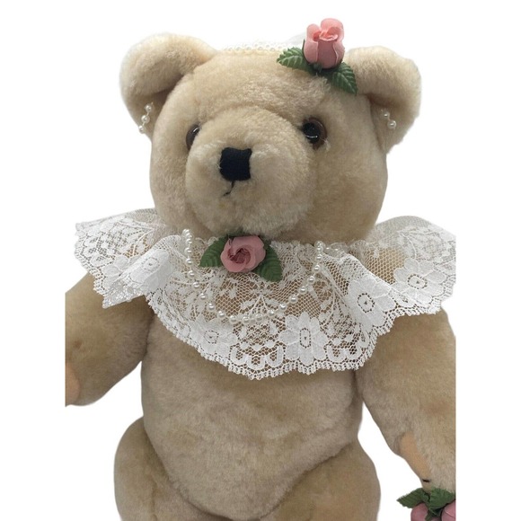 Plush Bride Teddy Bear 12" Wedding Outfit Jewelry Bouquet Posable Arms Legs VTG - Picture 3 of 9